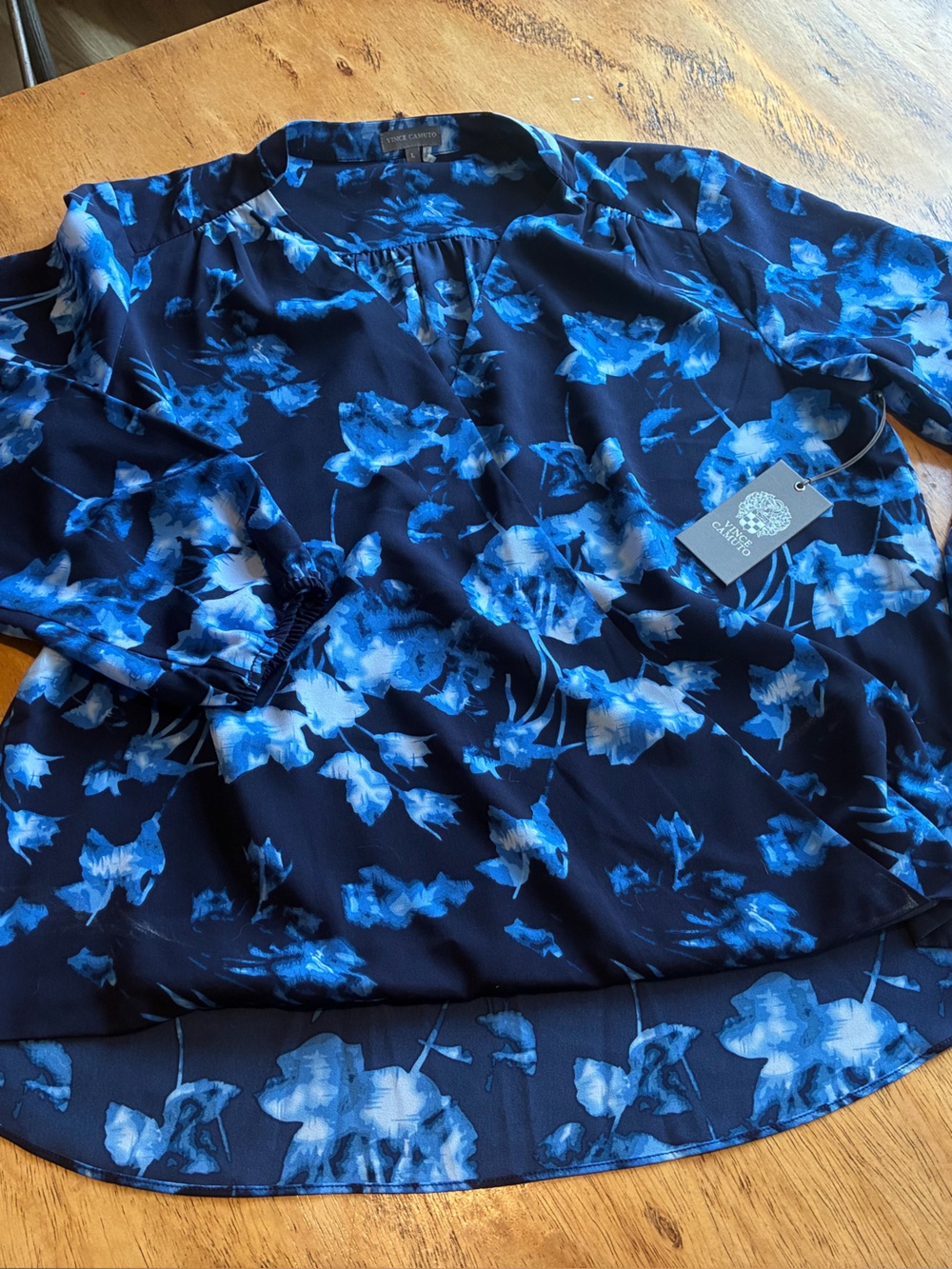 Vince Camuto Navy Blue Floral V-Neck Blouse- NWT